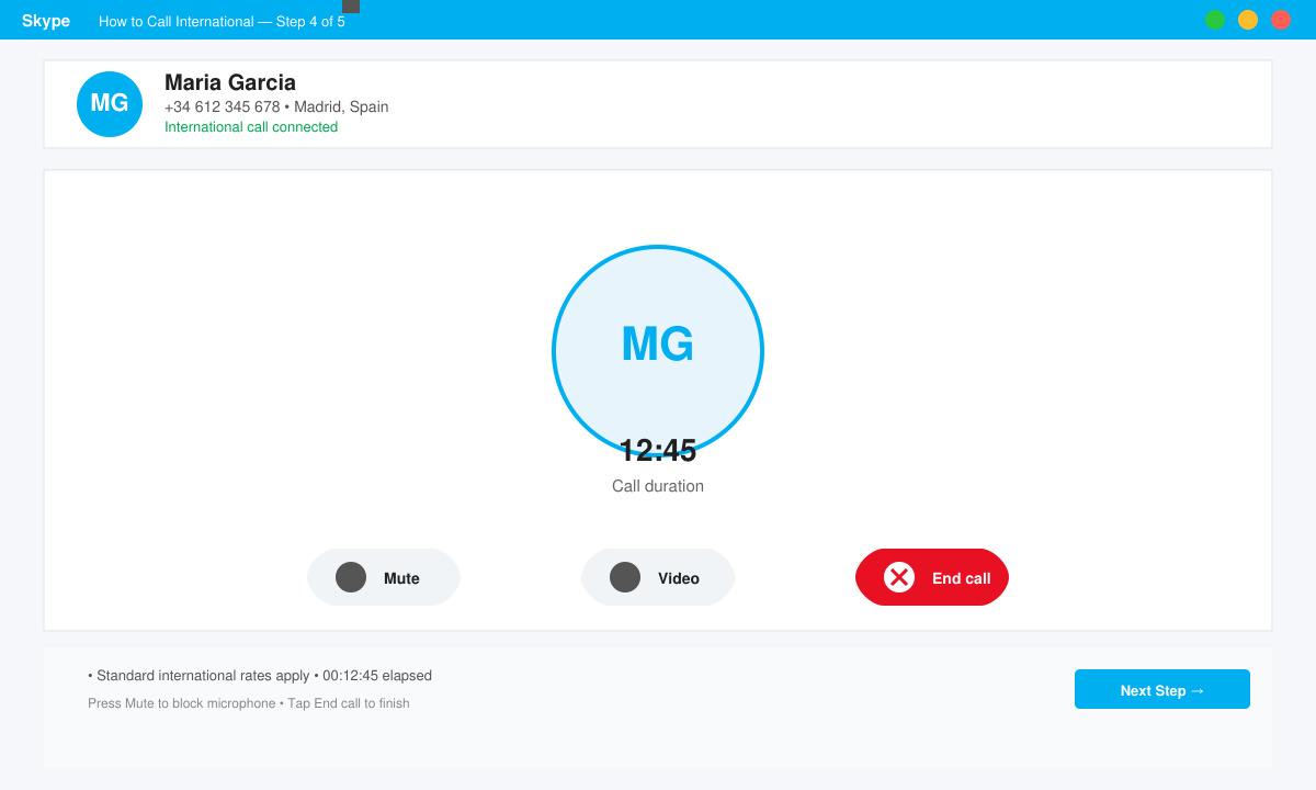 Active international call screen showing call timer, mute button, and end-call option