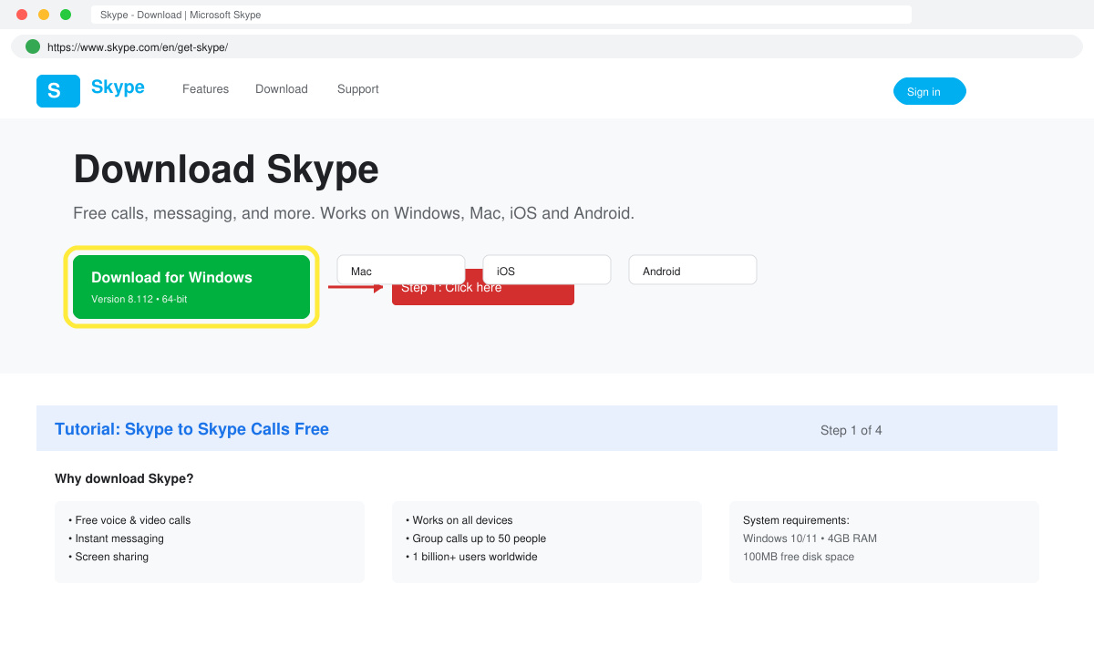 Skype download page with the official download button highlighted