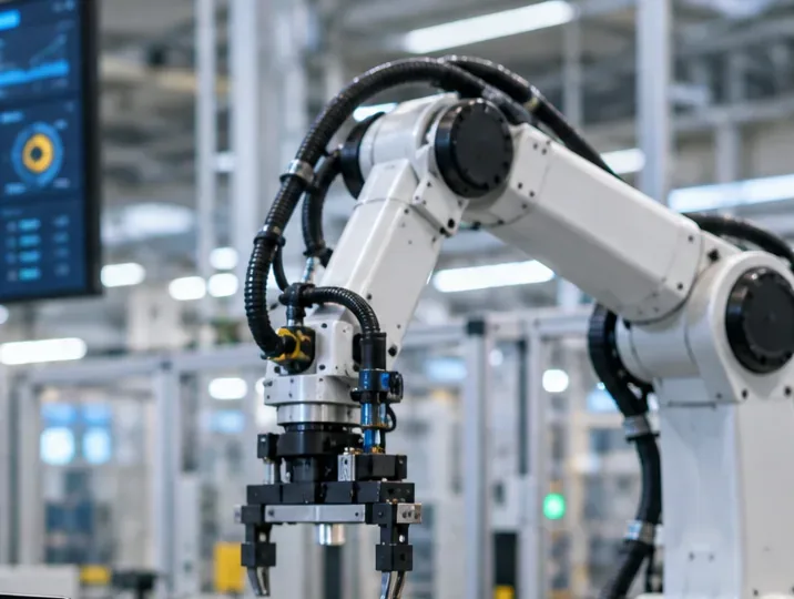 Industrial robotic arm working inside a modern automated production cell with a digital monitoring screen visible in the background