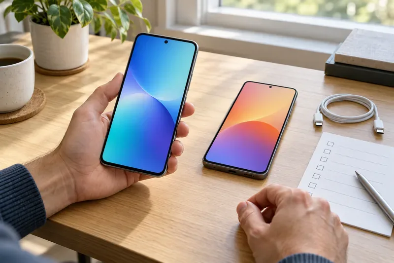 Une personne compare la taille de deux smartphones posés sur un bureau avec un câble USB-C et une liste de critères