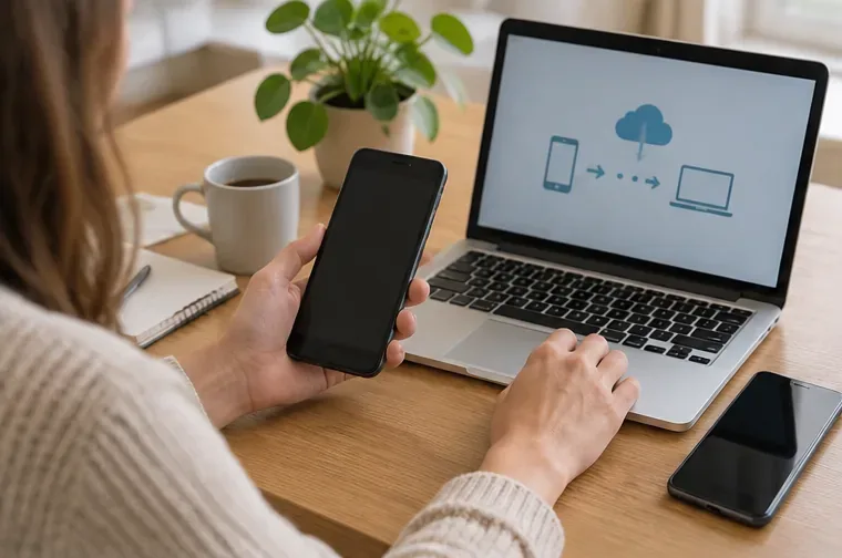 Persoon met een oude smartphone naast een laptop en een tweede telefoon tijdens de voorbereiding van een gegevensback-up
