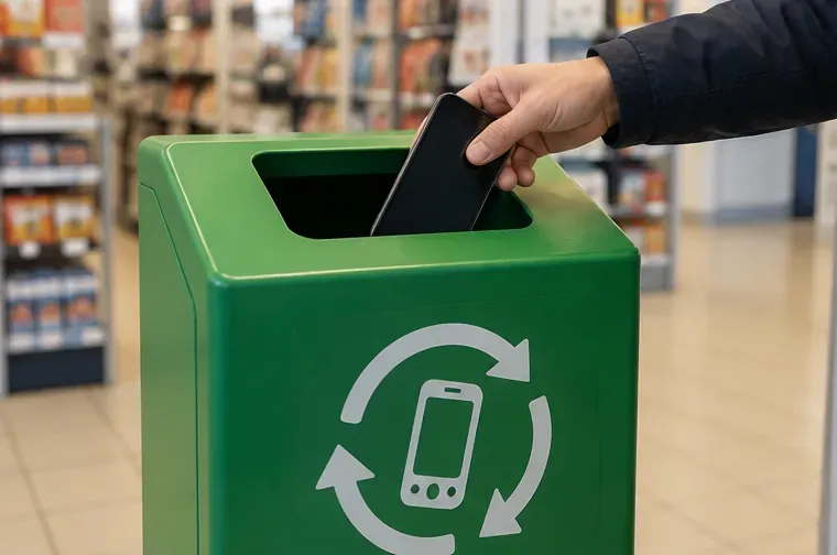 Hand die een oude smartphone in een groene inzamelbak voor kleine elektrische apparaten legt