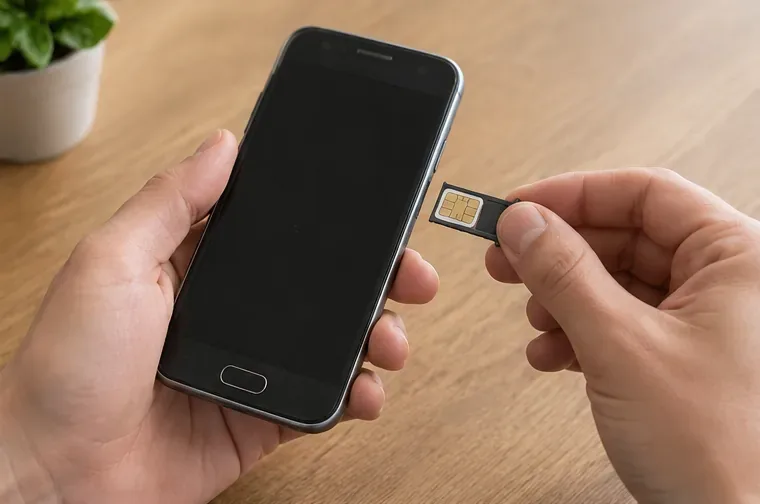 Handen die een simkaart uit een oude smartphone verwijderen boven een houten tafel