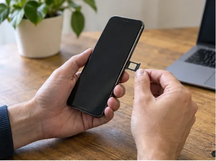 Handen halen de simkaart uit een oude smartphone op een houten tafel