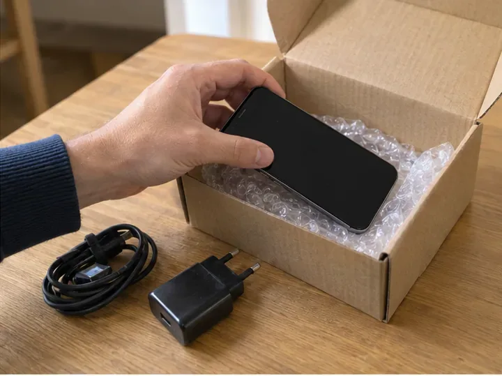 Oude smartphone wordt samen met een laadkabel en stekker klaargelegd in een doos