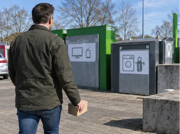 Persoon loopt met een klein doosje naar containers voor elektrische apparaten op een recyclingterrein