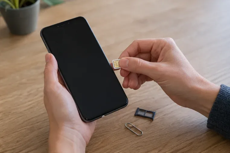 Handen verwijderen voorzichtig de SIM-kaart uit een zwarte smartphone op een tafel.