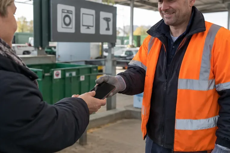 Een medewerker in een oranje veiligheidsjas neemt een oude smartphone aan van een bezoeker bij een recyclinglocatie.