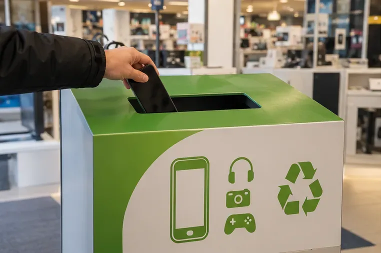 Een hand laat een oude zwarte smartphone in een groene inzamelbak voor kleine elektronische apparaten zakken.