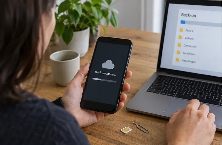 Een gebruiker maakt een back-up van een oude smartphone naast een laptop, met een simkaart en simtool op tafel