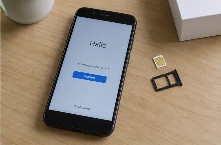 Een gewiste smartphone toont het eerste installatiescherm; de verwijderde simkaart en simlade liggen ernaast