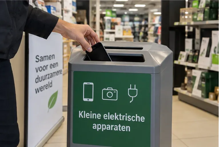 Een hand legt een smartphone in een winkelbak met het opschrift Kleine elektrische apparaten