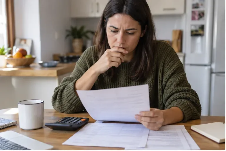 Trabajadora revisando una nómina y varias hojas de salario con una calculadora sobre la mesa