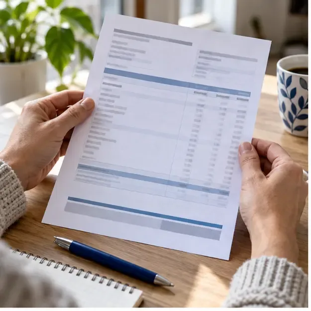 Manos revisando un recibo de salario genérico junto a un bolígrafo
