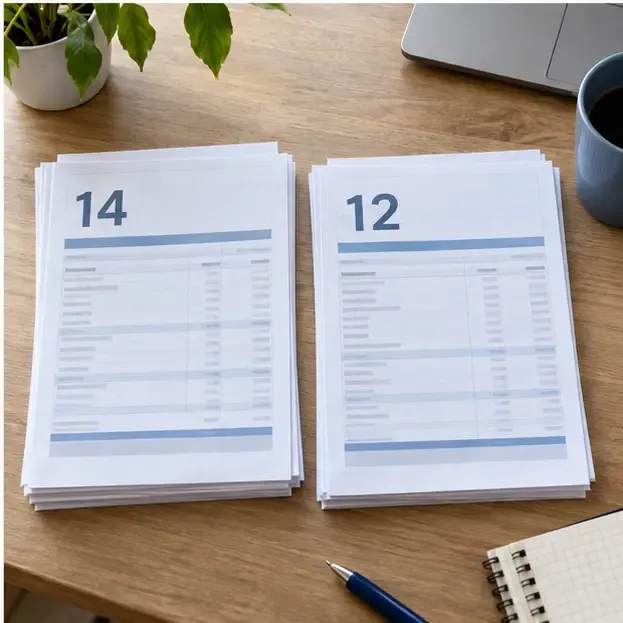 Dos pilas de recibos genéricos identificadas con los números 14 y 12