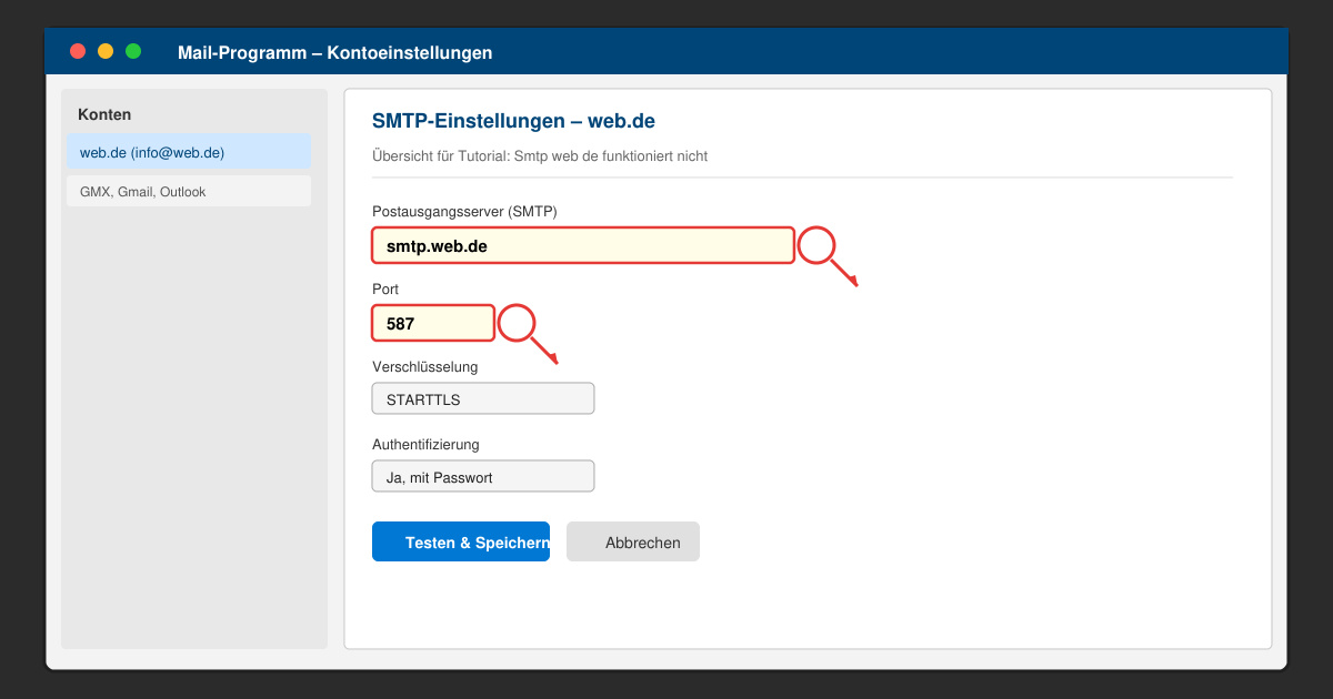 Smtp web de funktioniert nicht