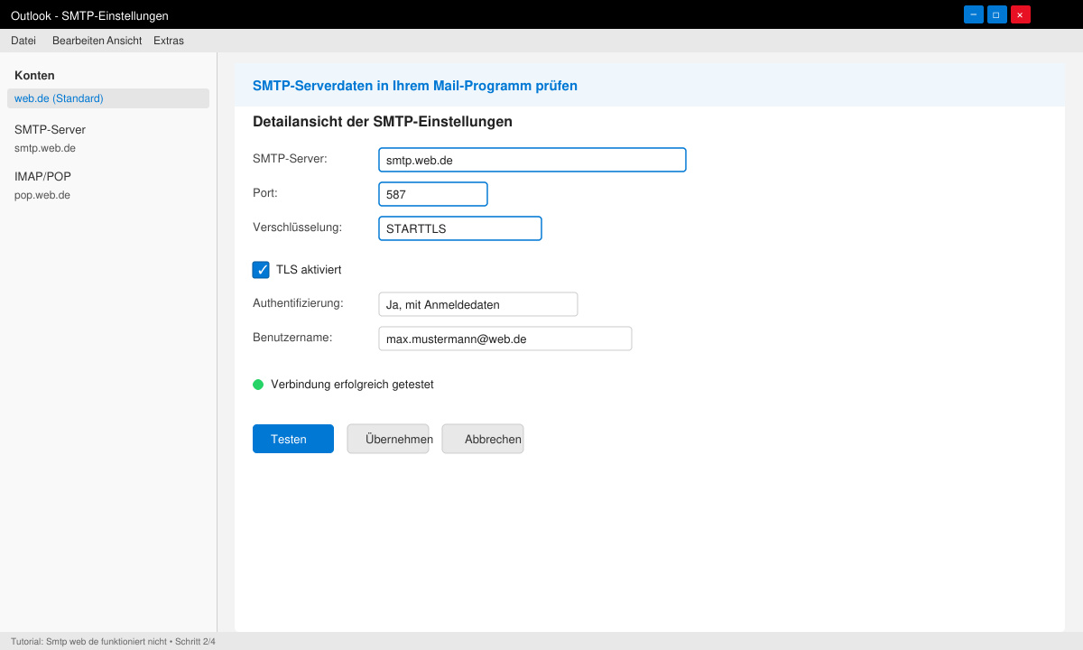 Detailansicht der SMTP-Einstellungen mit korrekten Werten smtp.web.de, Port 587 und TLS aktiviert