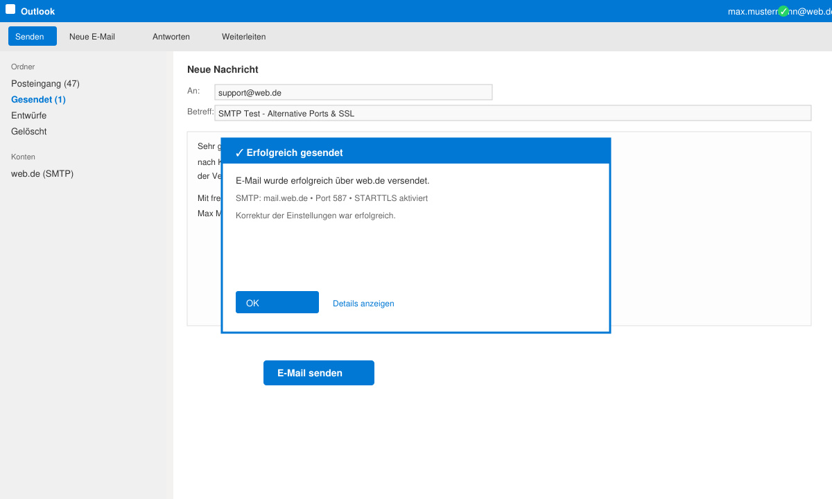 Erfolgreicher E-Mail-Versand nach Korrektur der SMTP-Einstellungen mit Bestätigungsfenster