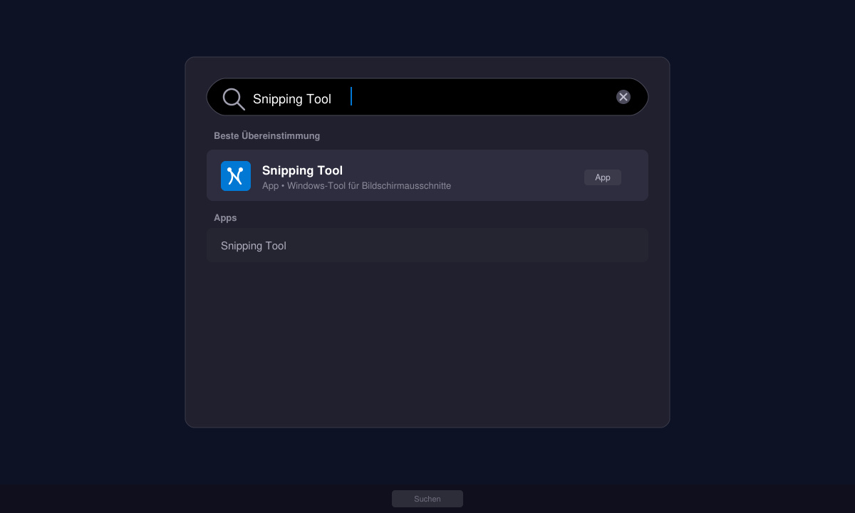 Windows-Suchleiste mit eingegebenem Begriff „Snipping Tool“ und angezeigtem App-Eintrag