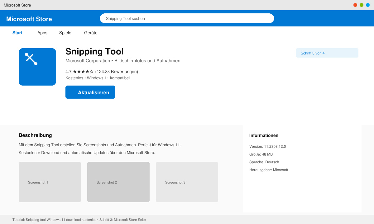 Microsoft Store Seite des Snipping Tool mit Aktualisierungsbutton