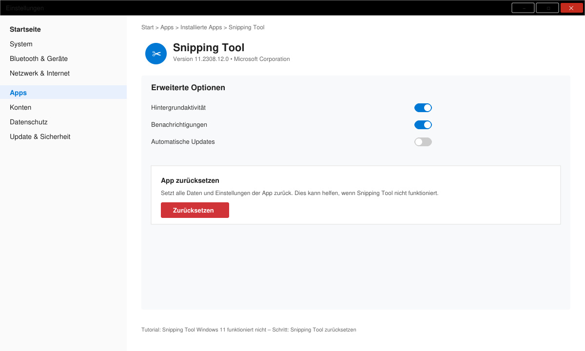 Einstellungen zum Zurücksetzen des Snipping Tools in Windows 11
