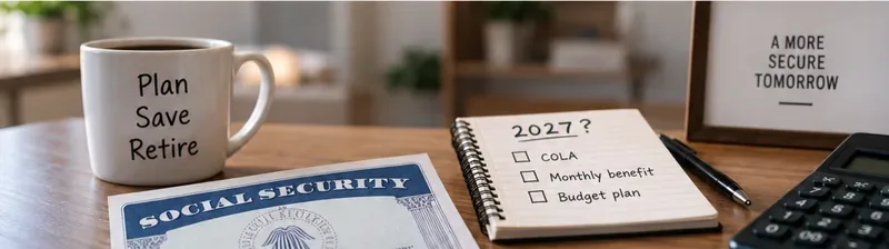 Retirement planning desk with a Social Security card, calculator, coffee mug, and notebook marked 2027 for comparing possible COLA scenarios