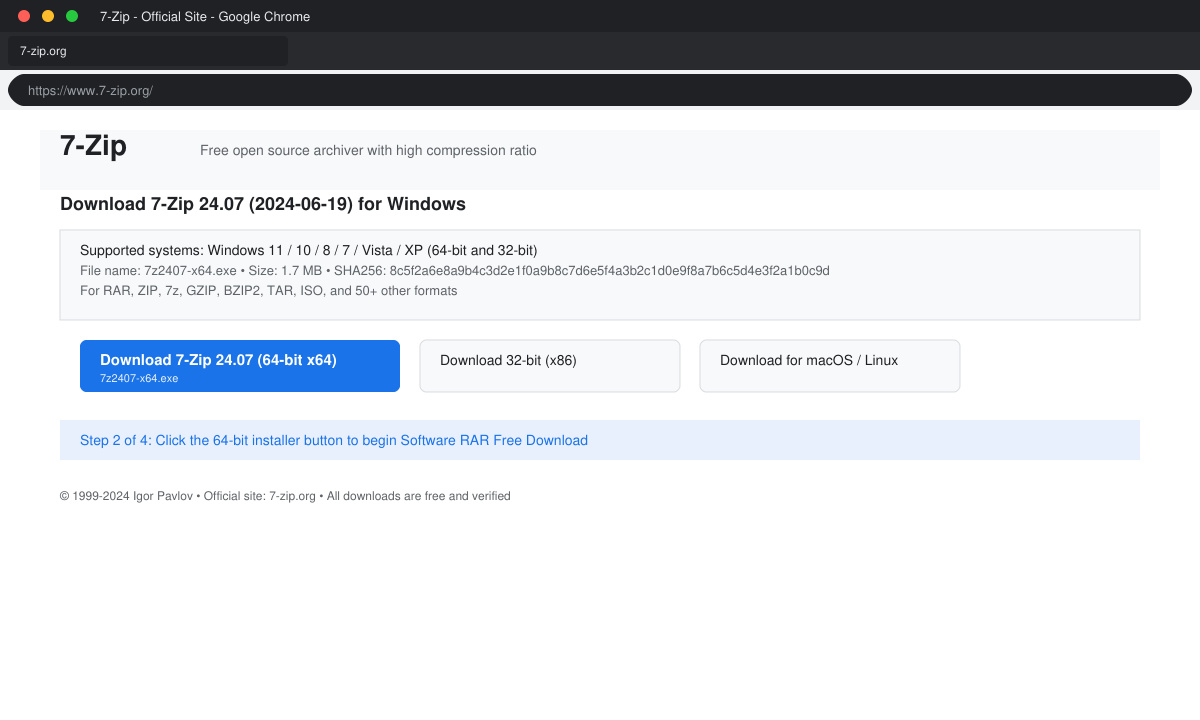 Screenshot of the 7-Zip download page with the correct installer highlighted and system requirements listed
