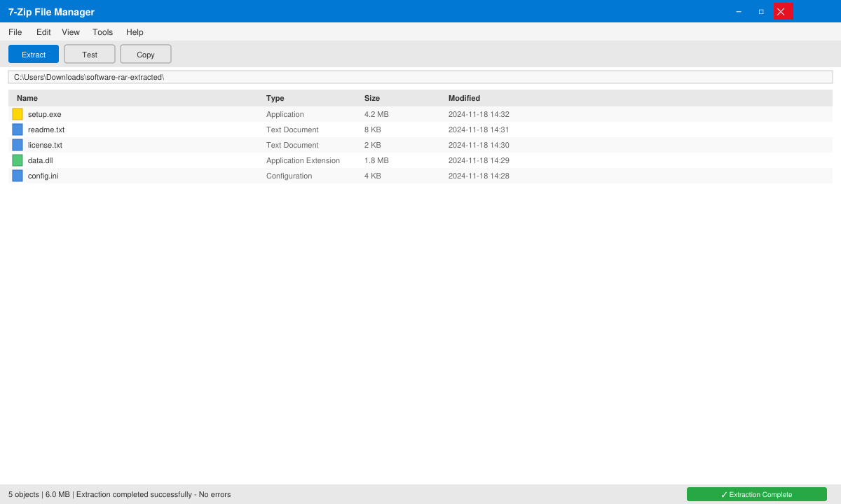 Result screen showing successful extraction of a RAR archive with files listed in the 7-Zip interface