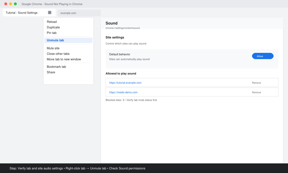 Close-up of Chrome tab context menu showing the Unmute tab option and the Sound permissions page in settings