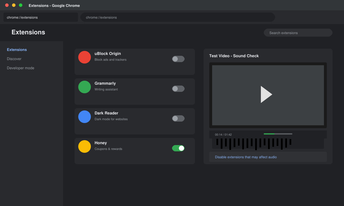 Chrome extensions page with several toggles turned off and a test video playing with visible audio waveform