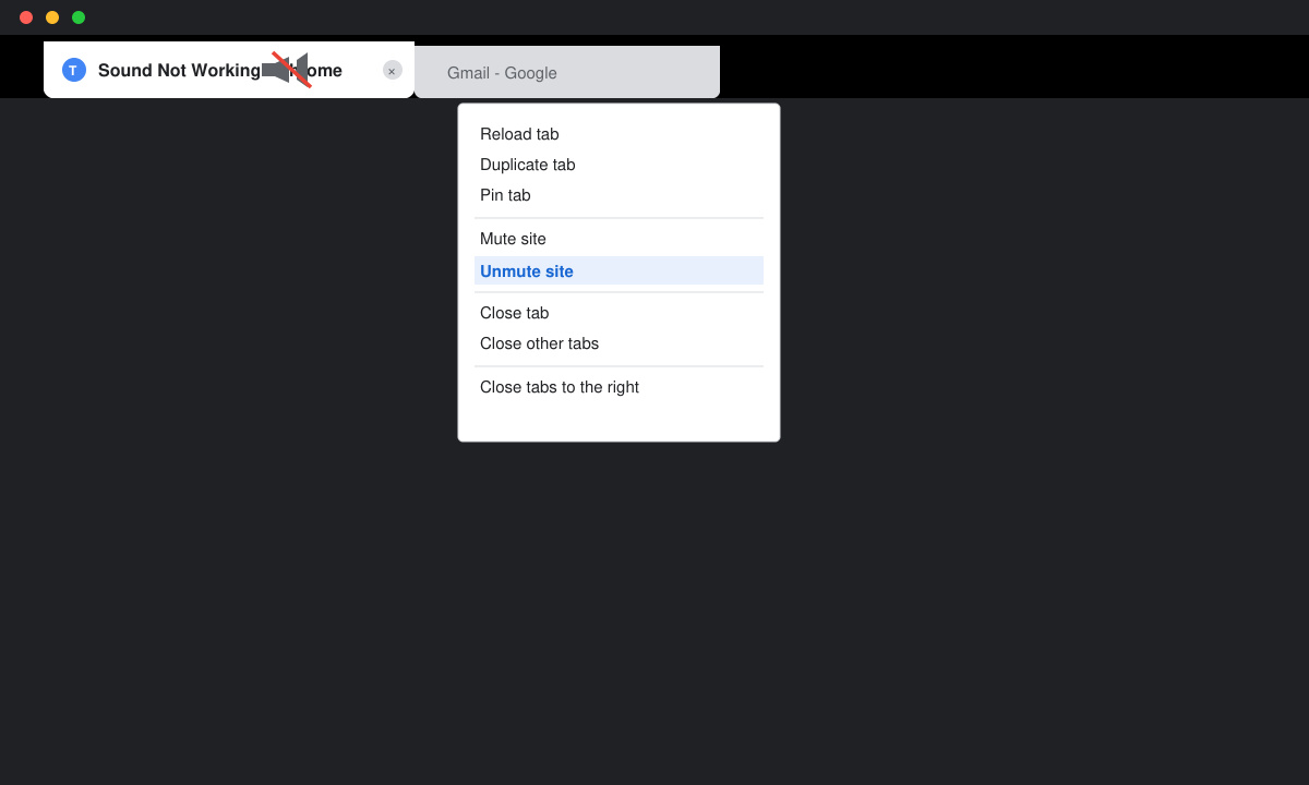 Close-up of Chrome tab with speaker icon and right-click context menu showing Unmute site option