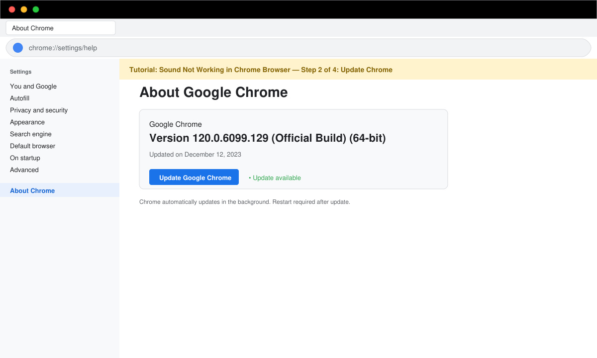 Chrome About page displaying current version number and update status button