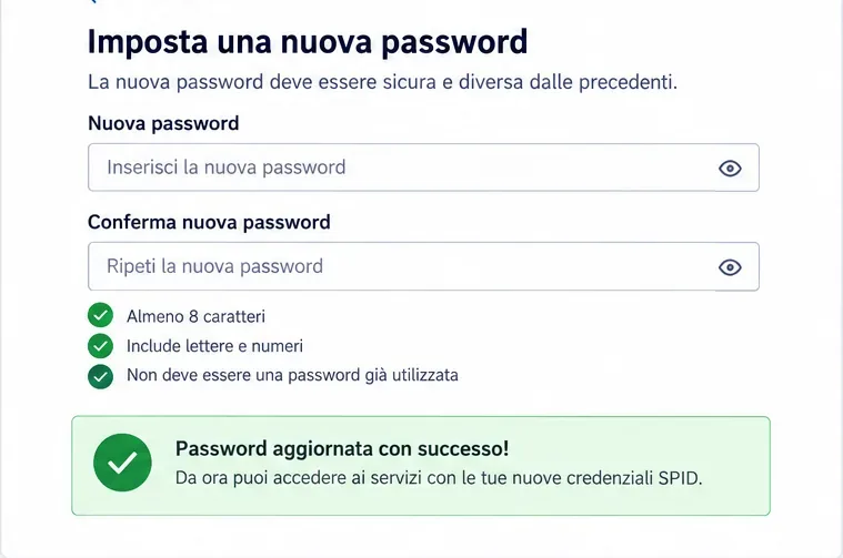 Schermata illustrativa per impostare e confermare una nuova password SPID con messaggio finale di aggiornamento riuscito