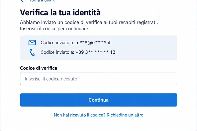 Schermata illustrativa di verifica dell’identità SPID con recapiti mascherati e campo per inserire un codice di verifica