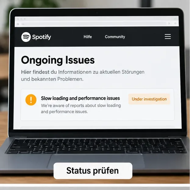 Beispielansicht eines Laptops mit Spotifys Bereich „Ongoing Issues“ und einem als „Under investigation“ markierten Performance-Problem