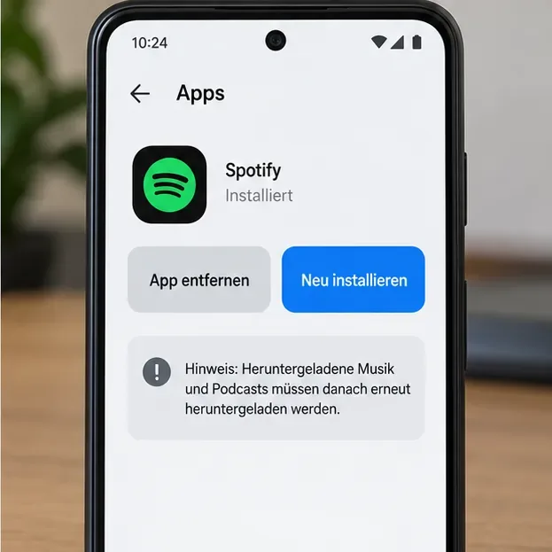 Beispielansicht eines Android-App-Menüs mit Optionen zum Entfernen und erneuten Installieren von Spotify sowie einem Hinweis zu erneuten Downloads