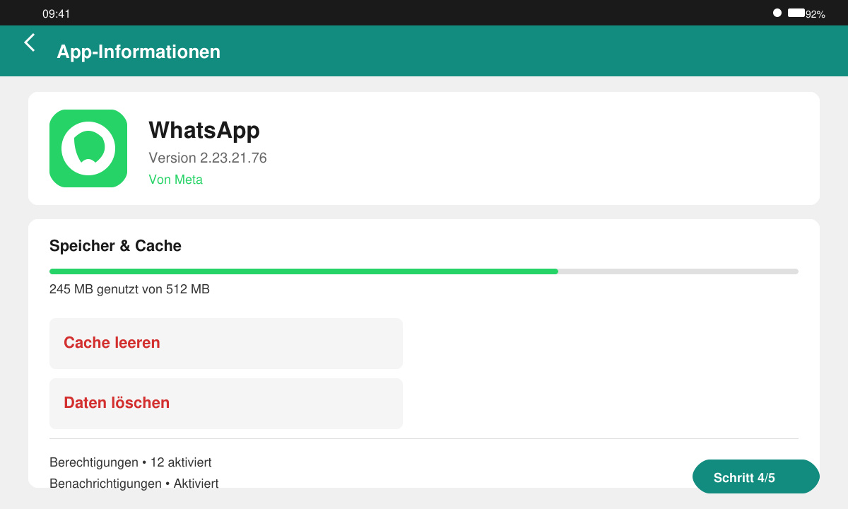 Cache leeren in den WhatsApp-App-Einstellungen