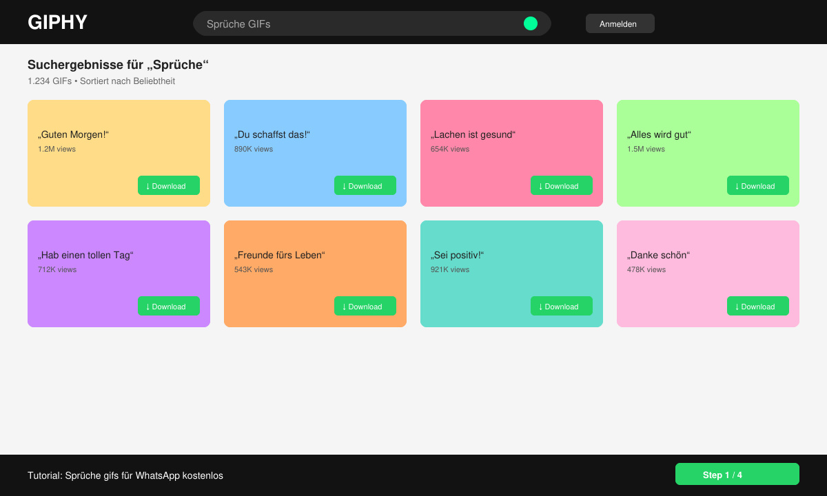 Screenshot of GIPHY search results for Sprüche GIFs with download buttons visible