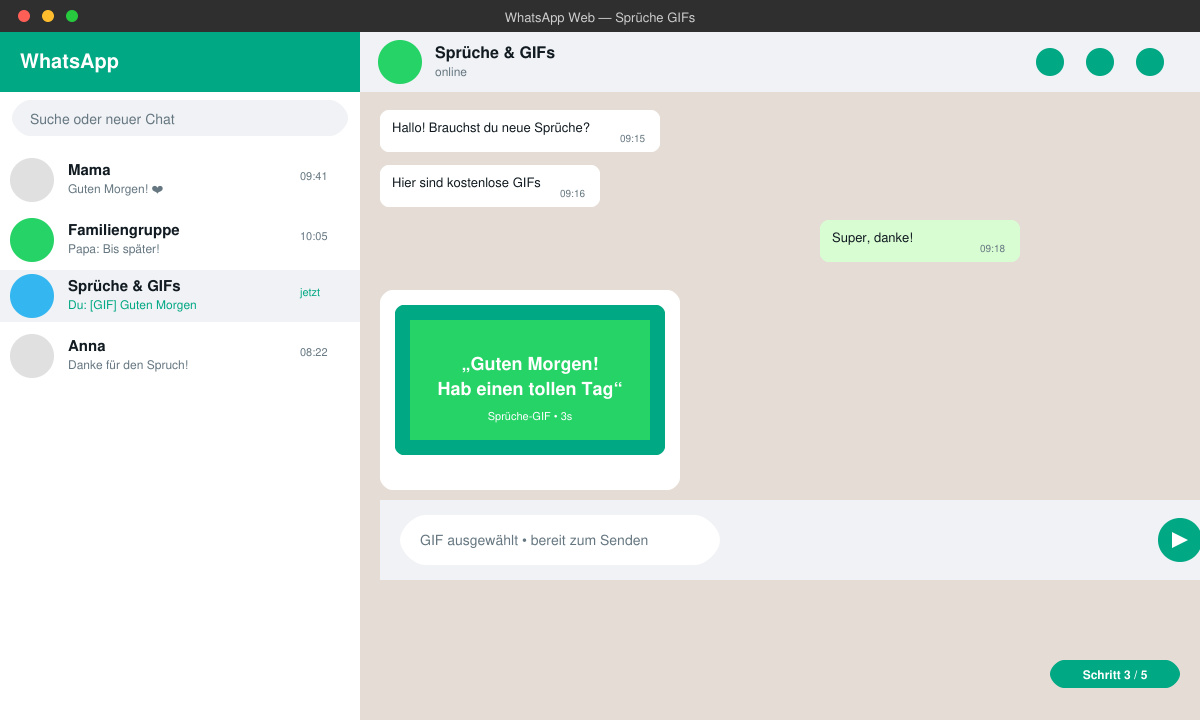 WhatsApp chat window showing a selected Sprüche GIF ready to send