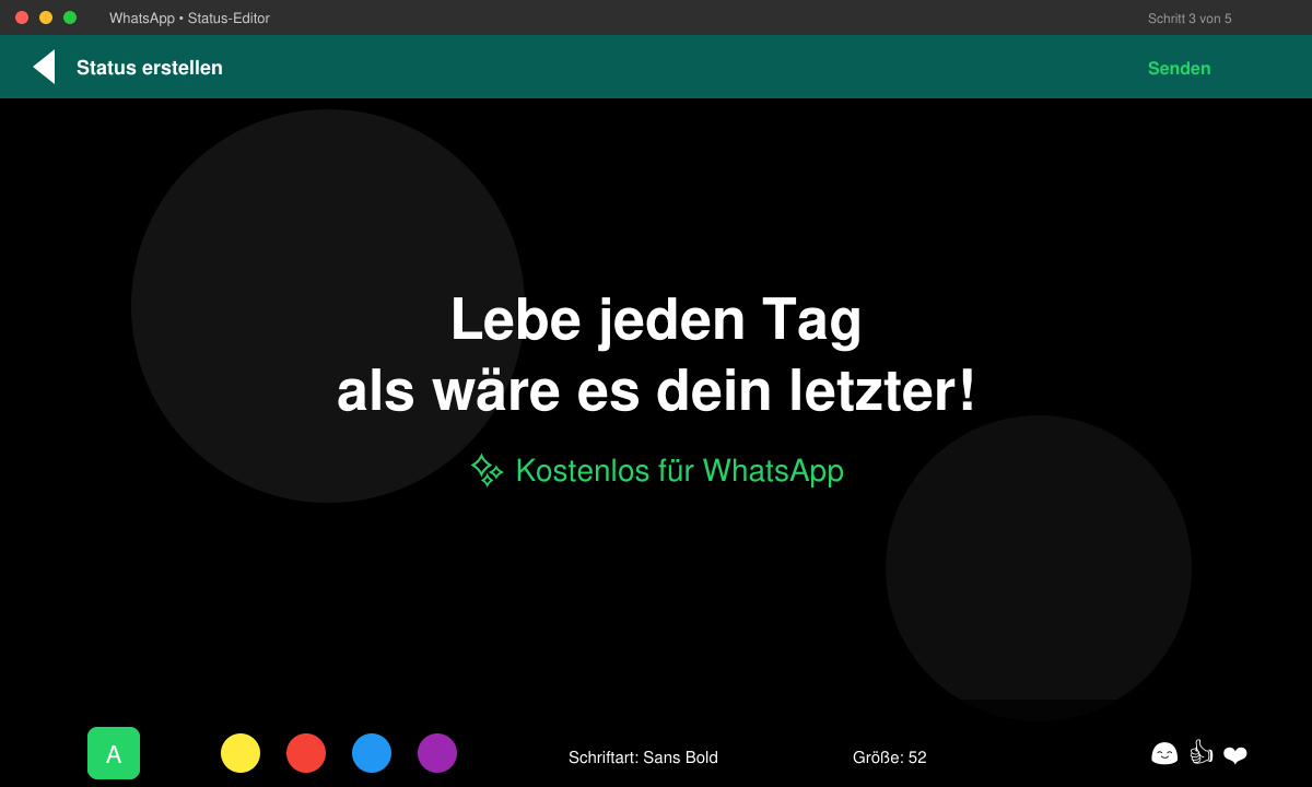 WhatsApp Status-Bildschirm mit hochgeladenem Bild und Spruch