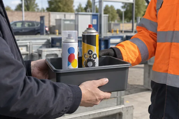 Een bezoeker biedt intacte spuitbussen aan bij een medewerker van een afvalinleverpunt