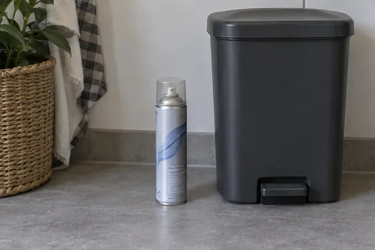 Een intacte spuitbus staat naast een gesloten restafvalbak in een woning