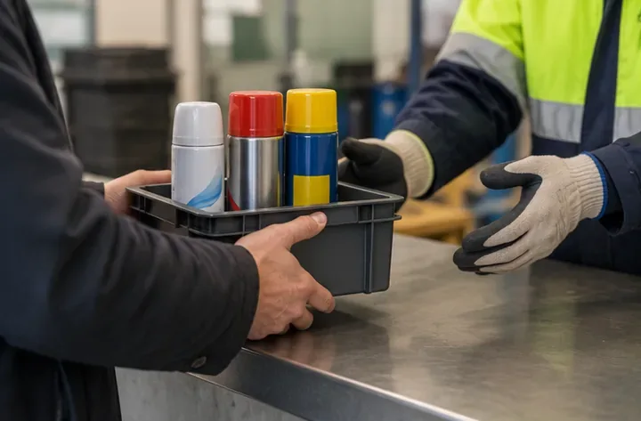 Een bezoeker biedt een krat met drie spuitbussen aan bij een balie, tegenover een medewerker met werkhandschoenen.