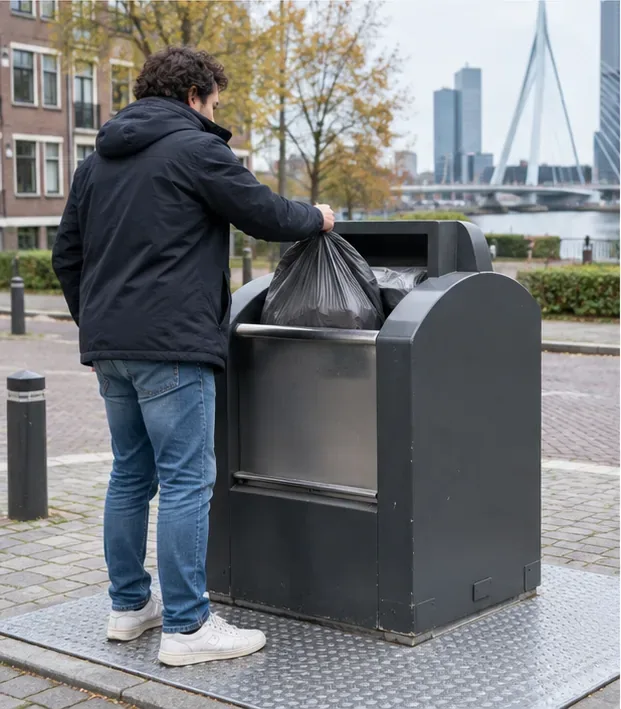 Een bewoner zet een gesloten restafvalzak in een grijze Rotterdamse afvalcontainer