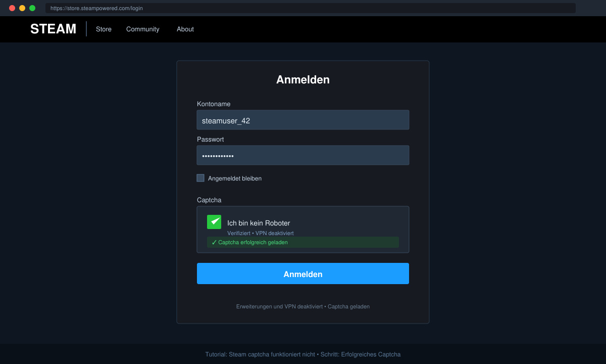 Erfolgreiches Steam Captcha nach Deaktivierung von VPN und Erweiterungen