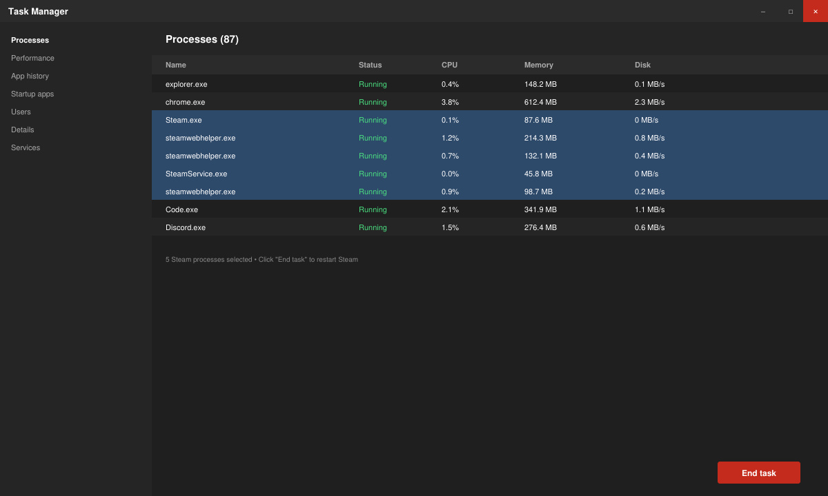 Screenshot of Windows Task Manager with Steam processes selected for ending