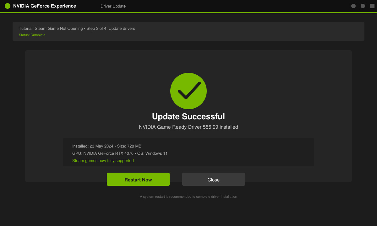 Graphics driver installation screen showing successful update completion