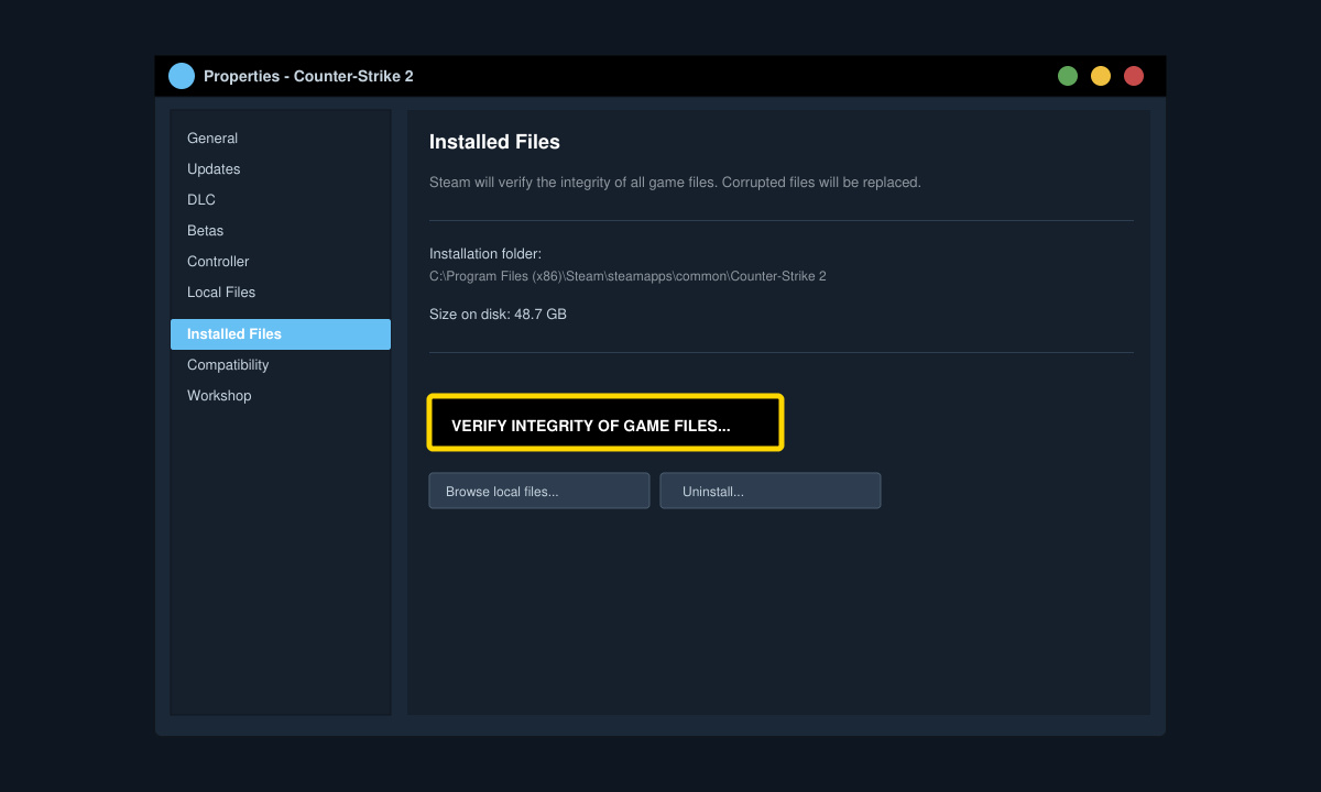 Steam game properties window open to the Installed Files tab with the verify button highlighted