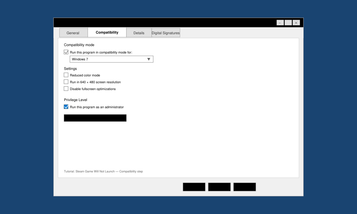 Windows file properties compatibility tab showing the run as administrator checkbox selected