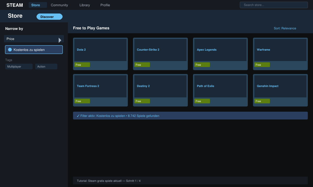 Steam Store mit aktiviertem Filter für kostenlose Spiele